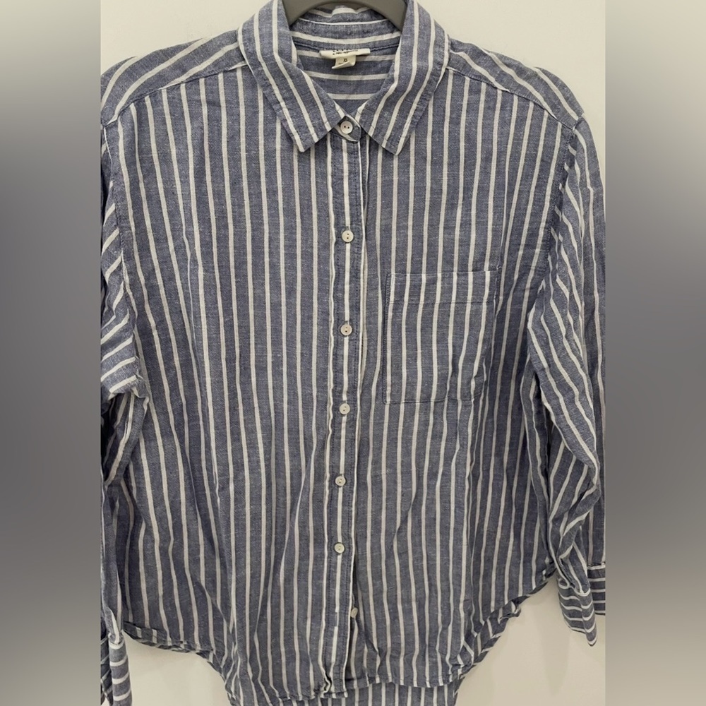 Blue & White Stripe Long Sleeve Button Cuff Button Down Shirt XS Cotton - Picture 1 of 4